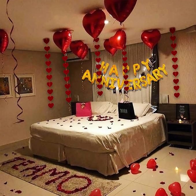 Anniversary Decorations, Happy Anniversary Banner, Red Felt Garland Hanging String Hearts, Heart Balloons, Love Balloon, Red Silk Rose Petals for Wedding Bridal Shower Bachelorette Party Decorations