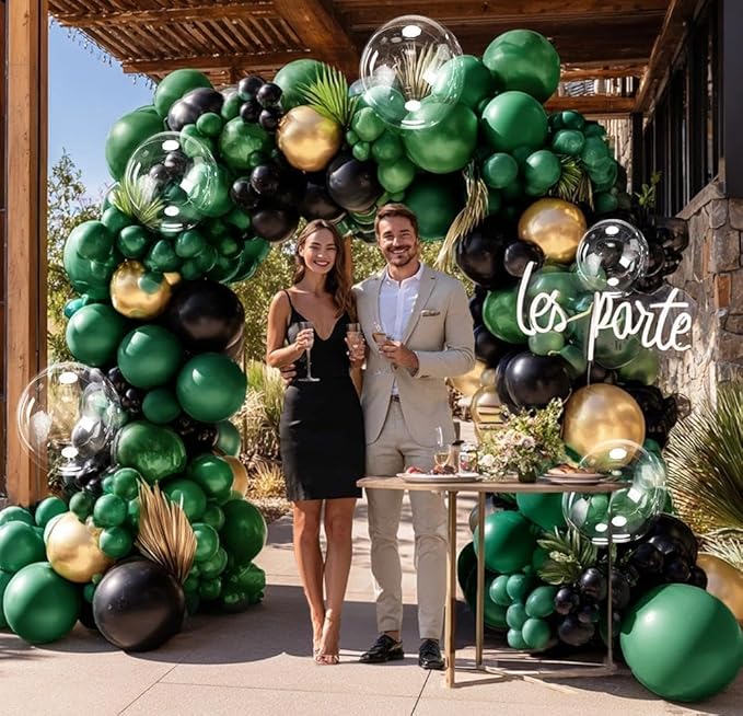 Dark Green Black Balloon Arch Double Stuffed Emerald Hunter Green Black Gold Balloon Garland Kit for Birthday Christmas Wedding Bridal Baby Shower Jungle Graduation New Year Party Decor