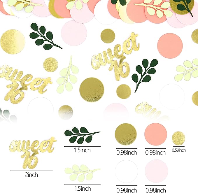300PC Pink and Sage Green Sweet 16 Party Decorations for Girls 16th Birthday Confetti Sweet 16 Table Decorations Dots Eucalyptus Scatters for Sixteen Birthday Party Decor Supplies