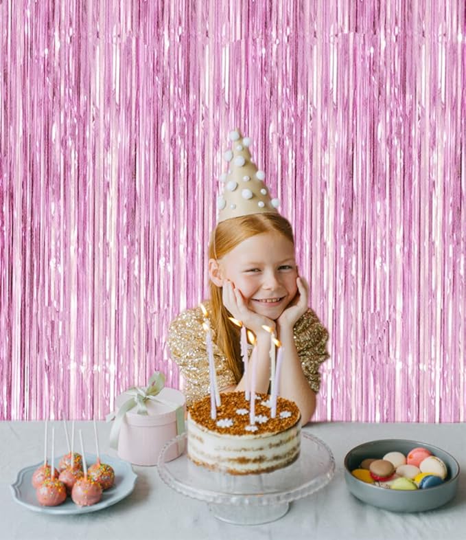 2 Pcs 3.2ft x 8.2ft Shiny Pink Metallic Tinsel Foil Fringe Curtains Photo Booth Pink Backdrop for Birthday Wedding Bridal Shower Baby Shower Bachelorette Party Decorations