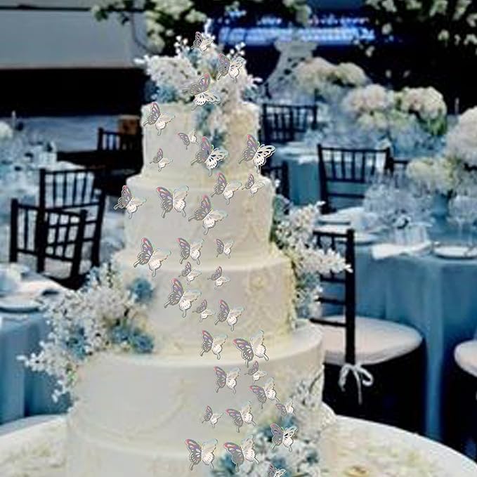 40 PCS Lively 3D Butterfly Cupcake Toppers Mixed Size Hollow Art Butterfly Cupcake Topper Baby Shower Wedding Anniversary Birthday Party Cake Wall Decorations Supplies Silver
