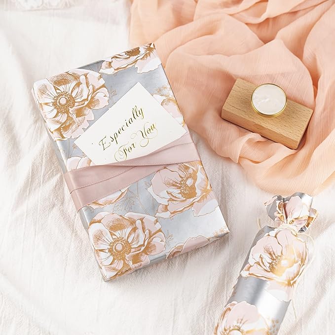 WRAPAHOLIC Reversible Floral Wrapping Paper - Mini Roll - 17 Inch X 33 Feet - Elegant Pink Wedding Wrapping Paper for Birthday, Bridal Shower, Baby Shower