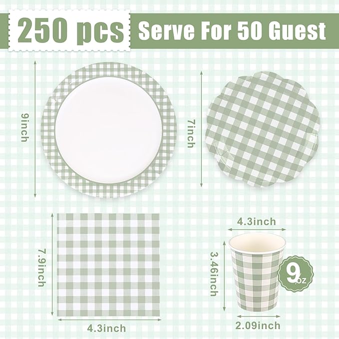 250 Pcs Sage Green Gingham Paper Plates and Napkins Party Supplies Green and White Checkered Disposable Plaid Tableware Set for Wedding Bridal Shower Farmer Market Picnic Party Decorations