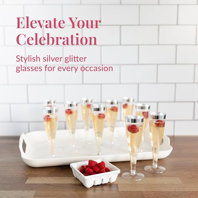 Prestee Set of 24 Silver Glitter Plastic Champagne Flutes - 4.5 oz Capacity - Shatterproof Durable Disposable Glasses - Elegant Design - Ideal for Weddings, Cocktail Parties, and Outdoor Celebrations