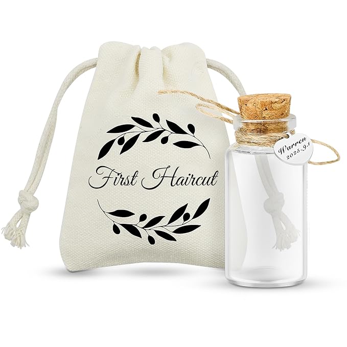 Baby First Haircut/Curl Keepsake Glass Bottle with Cork, Jar for Fetal Hair Storage and Memorial, Gift for Newborn Christening Baby Shower, Comes with Gift Bag (Customized)