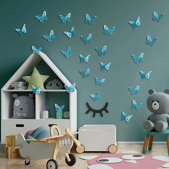 Light Blue Butterfly Decorations, 48Pcs 2 Styles 3 Sizes Butterflies for Grad Graduation Caps Cake Cupcake Toppers, 3D Paper Sticker for Bouquets Birthday Baby Shower Kids Girl Room Wall Nursery Decor