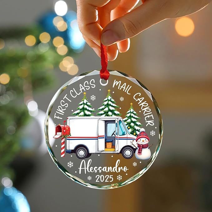Personalized First Class Mail Carrier Christmas Glass Ornaments, Mail Truck Xmas Ornament 2025, Postman Mailman Postal Worker Christmas Ornament Keepsake Gift, Custom Name & Year for Xmas Tree Decor