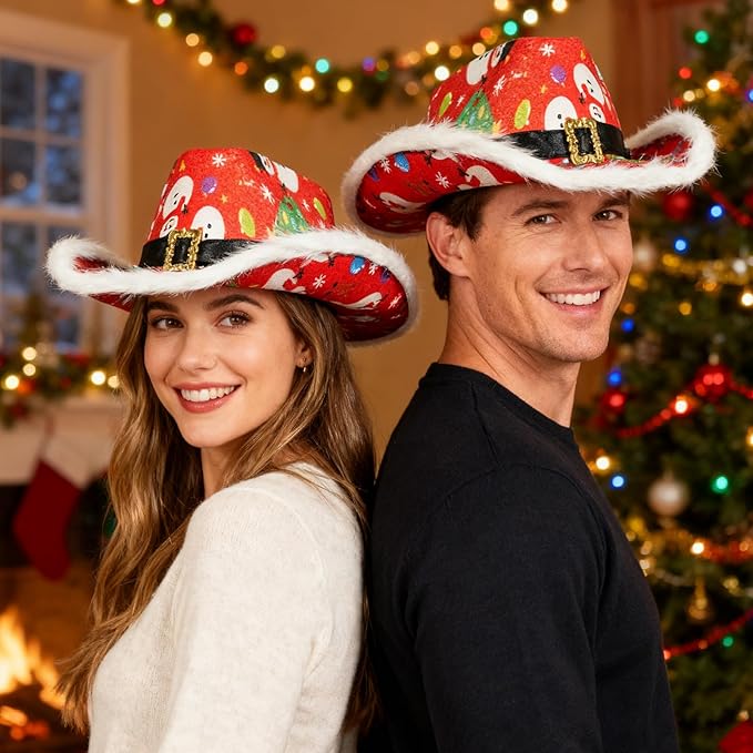 Christmas Cowgirl Santa Hat Wide Brim Felt with Feather and Belt Buckle Cowboy Fedora Hat Featuring Christmas Tree Snowman Reindeer Snowflake Multicolor