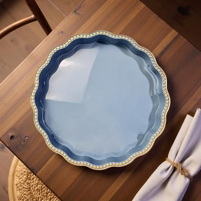 Blue Decorative Tray for Coffee Table, Wavy Scallop Beaded Plastic Serving Tray forKitchen Counter, Ottoman, Living Room, (13")