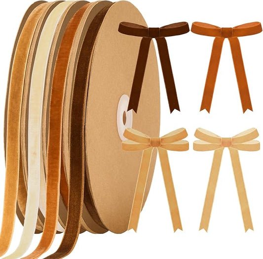 Chuangdi 80 Yards Christmas Velvet Ribbon, 4 Rolls 3/8" Thin Vintage Ribbon for Xmas Gift Wrapping Christmas Tree Wreath Ornaments DIY Crafts Decoration, Brown Khaki