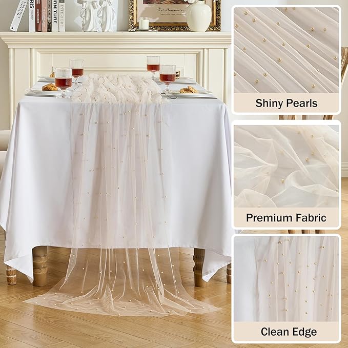 Fanami 6 Pack Pearl Table Runner -10FT Champagne Gold Boho Tulle Table Runners 120 Inches Long Rustic Sheer Lace Fabric Centerpieces for Wedding Arch Birthday Party Bridal Veil Baby Shower Decorations