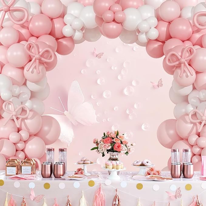 Bow Pink Balloon Arch Kit - Pearl & Clear Balloons (260 Pieces) for Girl's Birthday or Baby Shower