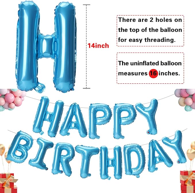 Accevo Light Blue Happy Birthday Balloons Banner 16 Inch Foil Letters Balloons Happy Birthday Sign Banner 3D Happy Birthday Balloons for Kids, Child, Adults, Boys & Girls Birthday Party Decorations