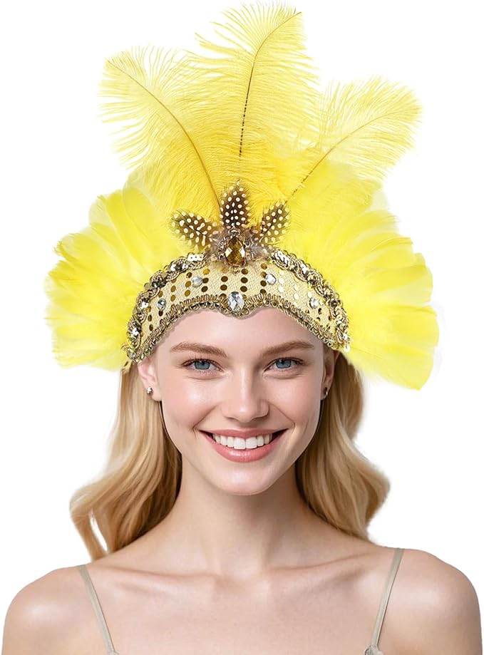 Women's Carnival Feather Headpieces Sequin Headdress for Wedding Masquerade Party Cosplay Feather Headbands