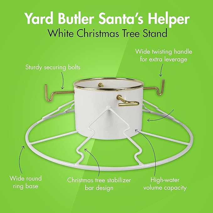 Yard Butler Santa's Helper - Easy to Use & Assemble Christmas Tree Stand - Durable & Sturdy Stand Made with Anti-Rust Steel - Beautiful Addition to Holiday Decor - 6' to 11' Trees - White