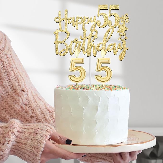 55th Birthday Decorations for Women Gold with 55th Birthday Sash and Tiara, Cake Topper and Candles, Number Balloons, 55 Year Old Gifts for Women