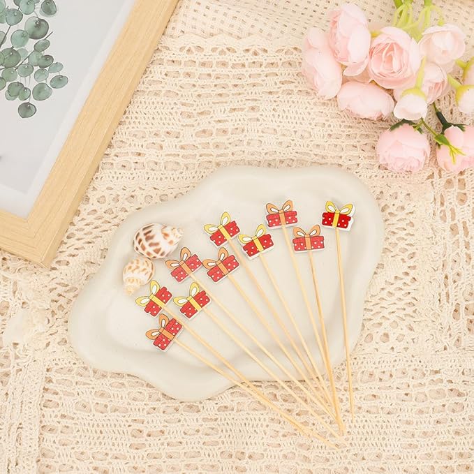 Holiday Toothpicks For Appetizers Bamboo Toothpicks 100pcs 4.7inch Gift Box Cocktail Toothpicks Christmas Picks For Food Picks Decorative Toothpicks For Appetizers Cocktail Sticks For Sandwich