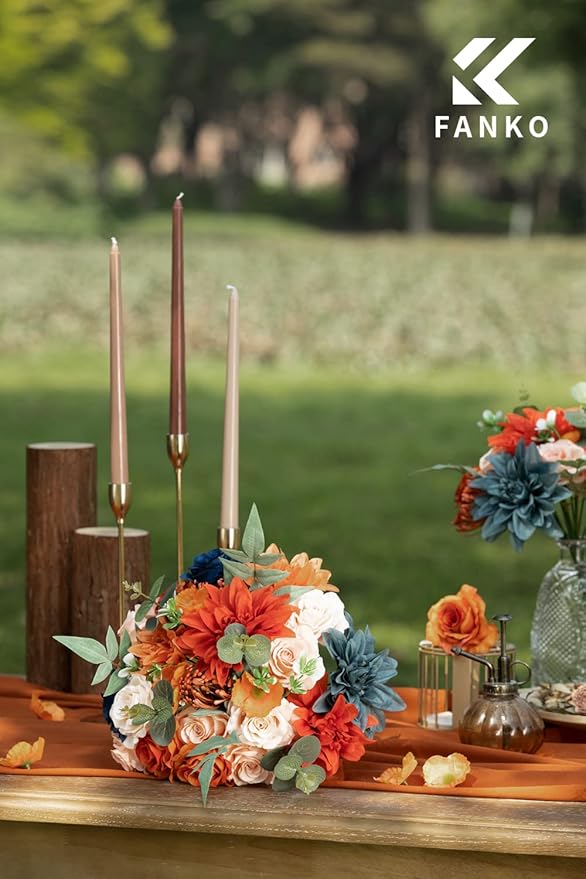 FANKO Rose Artificial Flowers Combo for DIY, Fake Burnt Orange & Navy Blue Rose Silk Flowers Greenery, Faux Flowers for Wedding Bridal Bouquet, Table Centerpieces, Floral Arrangement, Home Decoration