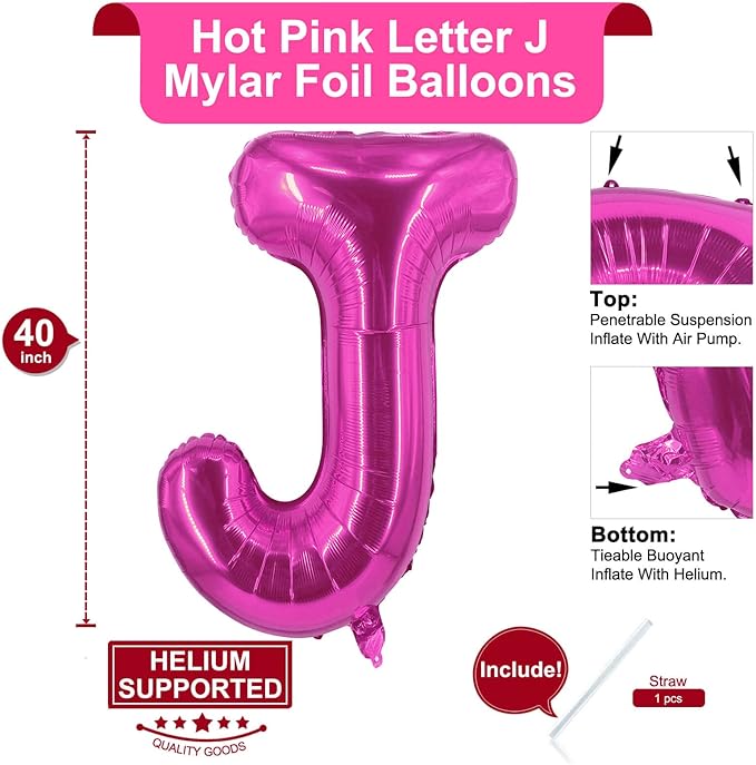 Lovoir 40 Inch Large Hot Pink Letter J Balloons Big Size Jumbo Mylar Foil Helium Balloon for Birthday Party Celebration Decorations Alphabet Hot Pink J