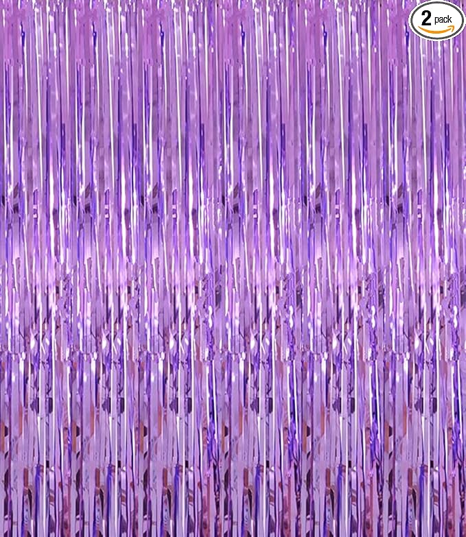 Shiny Light Purple Fringe Curtain,2pcs 3.2ft x 8.2ft Metallic Tinsel Foil Party Streamers Photo Booth Backdrop Props for Birthday Wedding Bridal Shower Baby Shower Bachelorette Party Decor