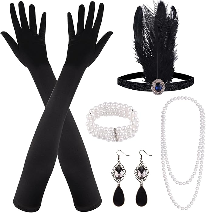 FEPITO 8-Piece 1920s Flapper Great Gatsby Accessories Set - Fashion Roaring 20's Theme with Headband, Headpiece, Long Black Gloves, Necklace, Earrings for Women