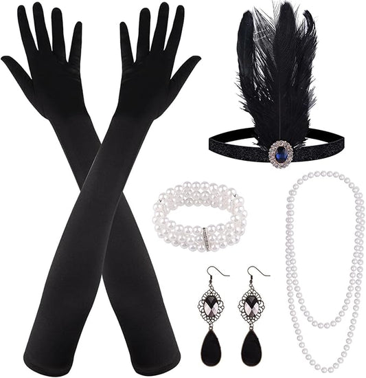FEPITO 8-Piece 1920s Flapper Great Gatsby Accessories Set - Fashion Roaring 20's Theme with Headband, Headpiece, Long Black Gloves, Necklace, Earrings for Women