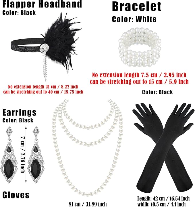Maitys 1920s Accessories Set for Women Flapper Costume Feather Headband Necklace Bracelet Earrings