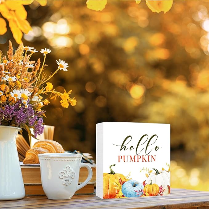Funny Autumn Wood Box Sign Hello Pumpkin Wooden Block Desk Decor for Home Office Kitchen Cubicle Table Shelf Tabletop,Farmhouse Fall Sign Decor