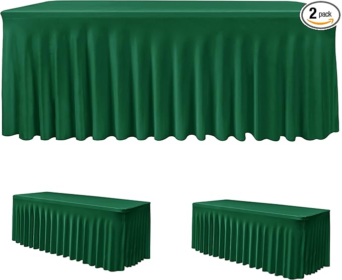 HolidayIdeas 2 Pack Hunter Green Spandex Table Cover for 8ft Rectangle Desk, 96 Inch Fitted Skirt for Christmas Buffet Party