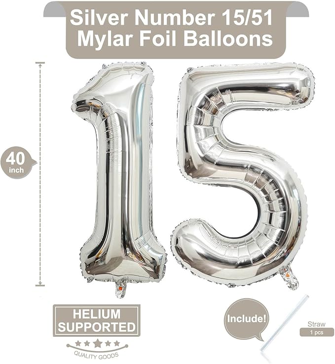 40 Inch Silver 15 Number Balloons Giant 15 or 51 Balloons Silver Birthday 15 Balloons 15th Birthday Anniversary Party Decorations Supplies