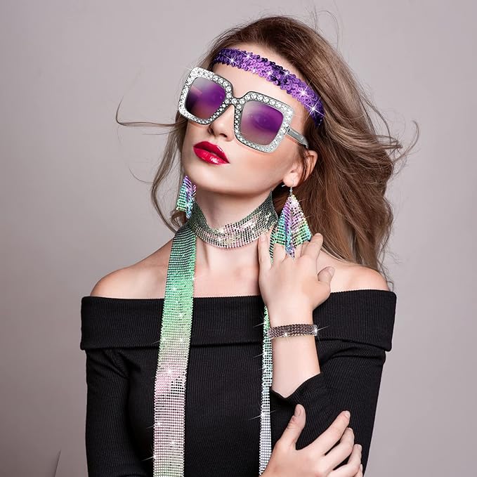 Sasylvia 5 Pcs 70s Disco Accessories Halloween Women Costume Jewelry Sequin Scarf Earrings Sunglasses Bracelet Headband