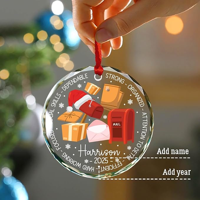 Postal Worker Christmas Ornaments, Personalized Mailman Glass Ornament Christmas 2025, Gifts for Mail Carrier Postman Postal Worker, Custom Name & Year for Xmas Tree Decor, Letter Carrier Ornament