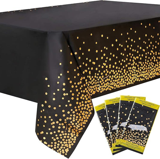 108"x54" 4 Packs Black and Gold Disposable Party Tablecloth for Rectangle Table, Gold Stamping Dot Confetti Rectangular Plastic Table Cover, for Graduation, Birthday, New Year Eve 2025