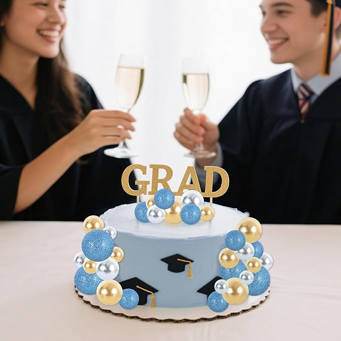 BEISHIDA 40 Pcs Foam Ball Shaped Cake Toppers with Sticks Mini Cake Decorations for Birthdays, Weddings, Baby Showers, DIY Baking Supplies, Anniversary Party (Blue, Gold, Silver)