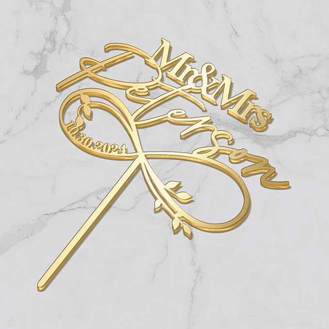 Mr & Mrs Wedding Cake Topper Custom Last Name and Date Personalized Wedding Anniversary Cake Decoration Leaves Infinity in Acrylic