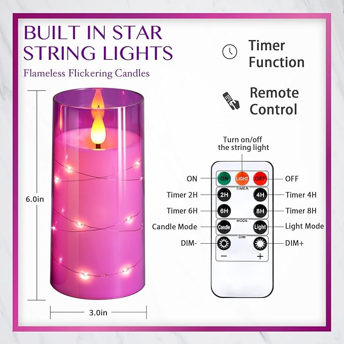 NURADA 3"x6"Flickering Flameless Candles: Built-in Star String Lights 3D Wick Battery Operated LED Pillar Candles with Remote and Timer for Table Wedding Centerpieces Party - 2 Pack Purple