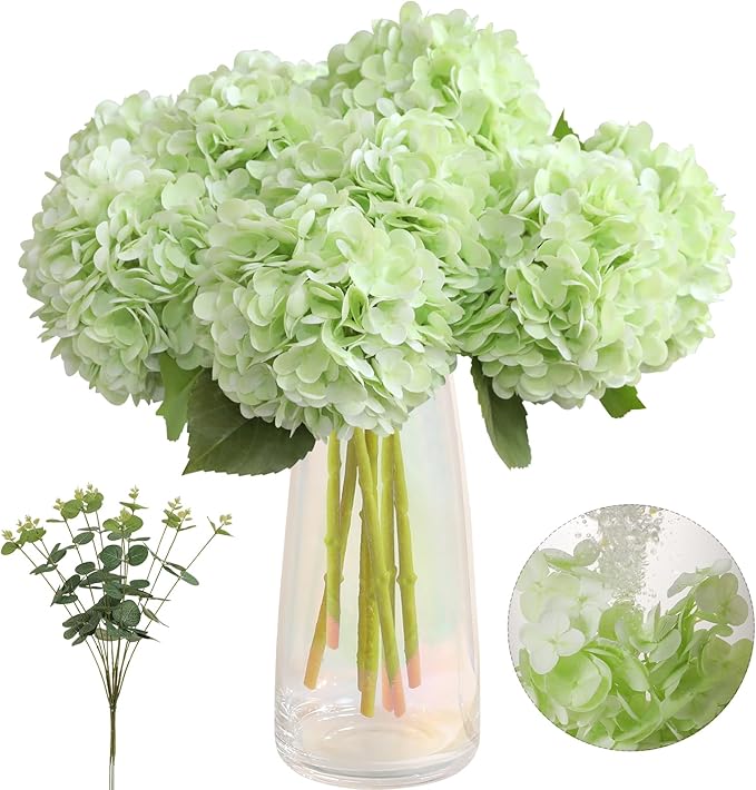 Tifuly 4pcs Fake Hydrangea with Vase - 3D Real Touch Faux Hydrangea Flowers with 3pcs Eucalyptus Stems for Wedding Centerpiece Home Party Table Decoration（Green）