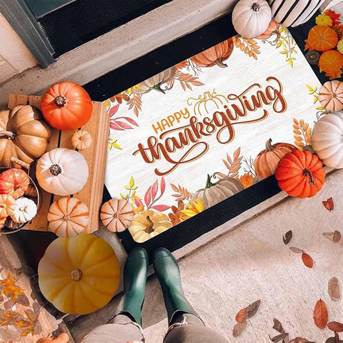 Fall Welcome Maple Leafs Decorative Door Mat, Autumn Thanksgiving Doormat for Indoor Outdoor Entrance Floor Mats,Fall Pumpkins Non Slip Harvest Vintage Decor Rubber Welcome Mats 16" x 24" Inch
