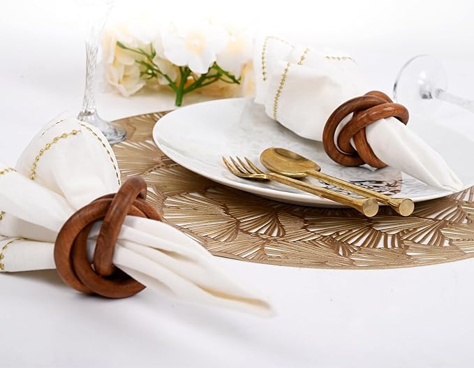 Three Ring Napkin Rings Set of 8, Decorative Handcuff Serviette Ring, Napkin Holders Bulk for Party Decoration, Dinning Table, Everyday, Family Gatherings Tabletop Décor (Brown) - CLEENTABLE