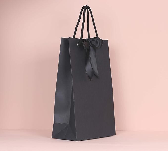 PAPERIST 12pcs Elegance Gift Bag with Satin Bows Ribbon, Sturdy Durable Thick Gift Bag, Black gift bag with Black handle and Ribbon, Gift bag for Wedding, Christmas, Birthday Party, Bridal Shower