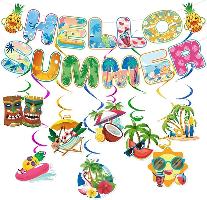 Summer Party Decorations Hello Summer Banner Colorful Beach Pool Theme Banners Hanging Swirls Beach Party Decorations Garland for Holiday Happy Party Supplies