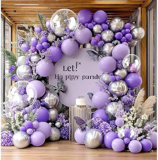 Purple Silver Balloon Arch Double Stuffed Dark Purple Balloons Lavender Lilac Balloon Garland Kit with Clear Bobo Balloons for Birthday Wedding Baby Shower Anniversary Halloween Party Decorations