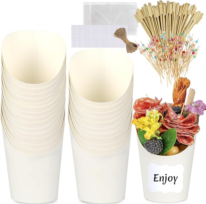 50 Pcs 14oz Paper White Charcuterie Cups with 200 Bamboo Sticks & 50 Clear Bags, Elegant Disposable Snack Cups for Weddings, Baby Showers, Picnics & Holiday Parties