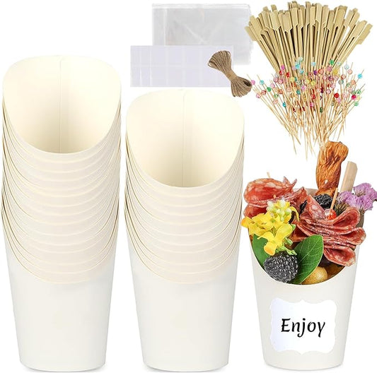 50 Pcs 14oz Paper White Charcuterie Cups with 200 Bamboo Sticks & 50 Clear Bags, Elegant Disposable Snack Cups for Weddings, Baby Showers, Picnics & Holiday Parties