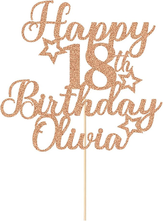 EDSG Happy Birthday Cake Topper Personalized Double Sided Glitter Custom Cake Topper (Rose Gold, 1 Count)