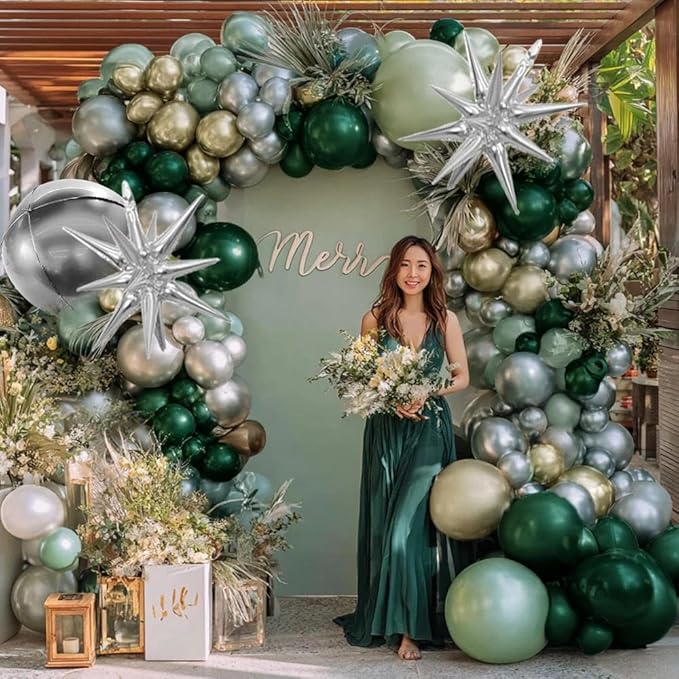 Emerald Green Gold Balloons Dark Green Silver Gold Balloon Arch Dusty Green Balloon Garland Kit for Birthday Wedding Anniversary Christmas New Year Party Decorations