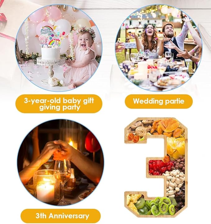 15.8'' Bamboo Charcuterie Fillable Board Box, Reusable Alphabet Number Shaped Form Tray for Birthday Anniversaries, Serving Tray for Birthday Party Decor Serving Plates Display Candy Cake (Number 3)
