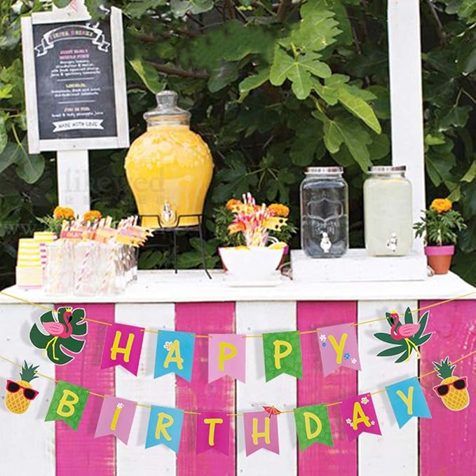 SUNBEAUTY Hawaiian Aloha Party Tropical Happy Birthday Banner Luau Birthday Flamingo Pineapple Palm Leaf Banner for Summer Birthday Party Decorations Supplies | Pre-Strung