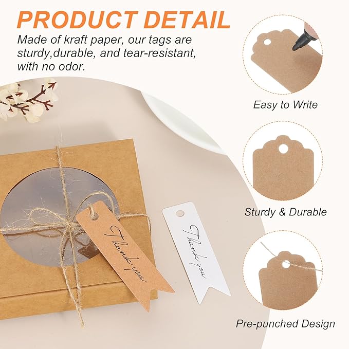 PATIKIL 100 Pcs Blank Gift Tags with String, 2.8x0.8 Inch Kraft Paper Tags Gift Bags Tags Mini Thank You Label with Holes for Wedding Holiday Party Favor Clothes Craft, White