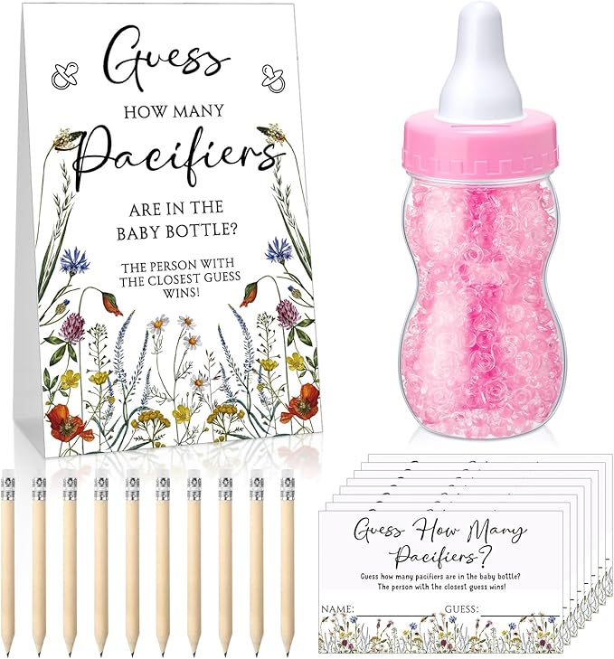 Roowest 512 Pcs Baby Shower Games Guess How Many Pacifiers Sign 100 Small Guessing Games 10 HB Pencils 750ml Milk Bottle 400 Acrylic Pacifiers Decoration for Guest Gender Reveal(Pink,Bloom)